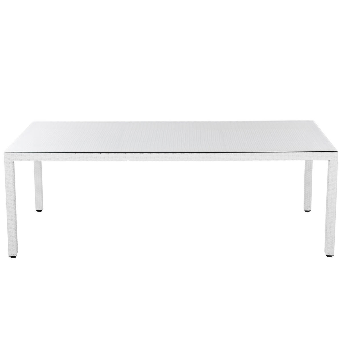 GARTENTISCH Rattan weiß Glasplatte 220/100 cm Italy - Weiß, Kunststoff (220/100/74cm) - Beliani