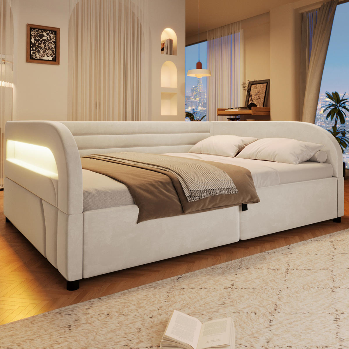 POLSTERBETT 140x200 cm in Beige mit hydraulischem Stauraum und LED-Beleuchtung - Beige, Textil (140/200cm) - IVMEU