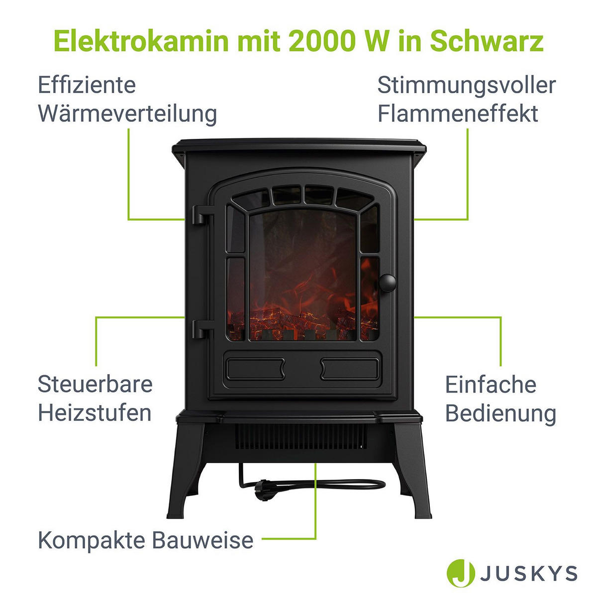 ELEKTROKAMIN 2000W Schwarz - Schwarz, Metall (39/57/24cm) - Juskys