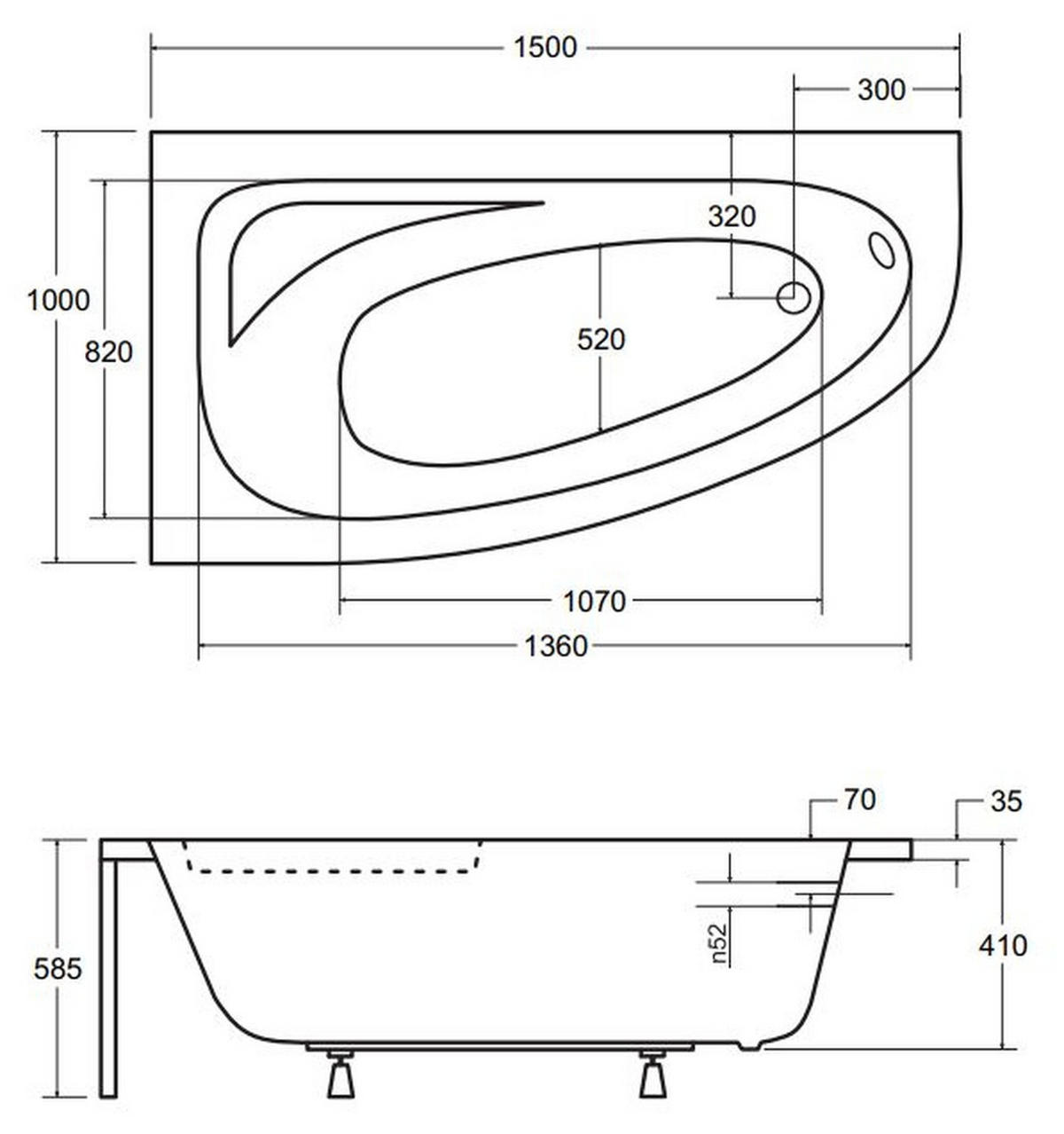 BADEWANNE Eckwanne CORNEA 150/100 Links mit Styro Ablauf Füße - Weiß, Kunststoff (100/58.5/150cm) - bad land