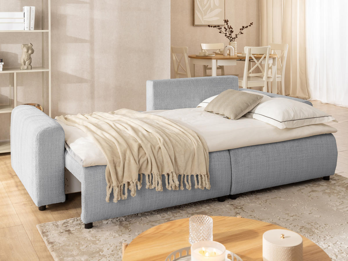 ECKSOFA Calma mit Schlaffunktion und Bettkasten im Bumpy-Design aus weichem Hellgrau Chenille-Stoff - Ottomane rechts - Beige/Hellgrau, Holz/Kunststoff (239/140cm) - S-Style Möbel