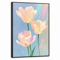 LEINWAND Bilder mit Rahmen - Tulpen - Rosa Akzente - Blau - 70x100 - Pastellblau, Textil (70/100cm) - MuchoWow