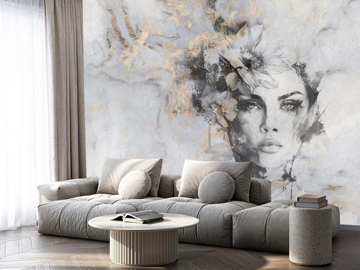 FOTOTAPETE für Wohnzimmer Frau Porträt Beton Blumen Modern 200x140 - Beige/Schwarz, Papier (200/140cm) - Muralo