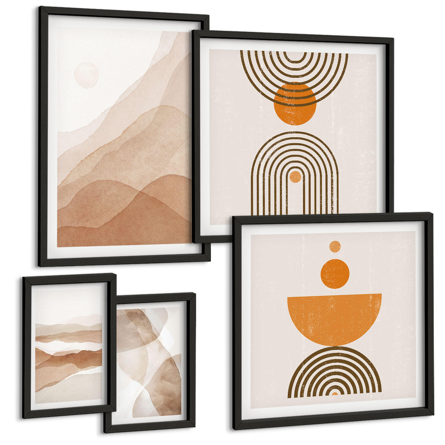 BILDER SET 5er Set - 50x50 cm & 20x30 cm & 40x60 cm Schwarzer Rahmen - Strukturen schattieren Minimalismus - Schwarz, Kunststoff (40/60cm) - TULUP