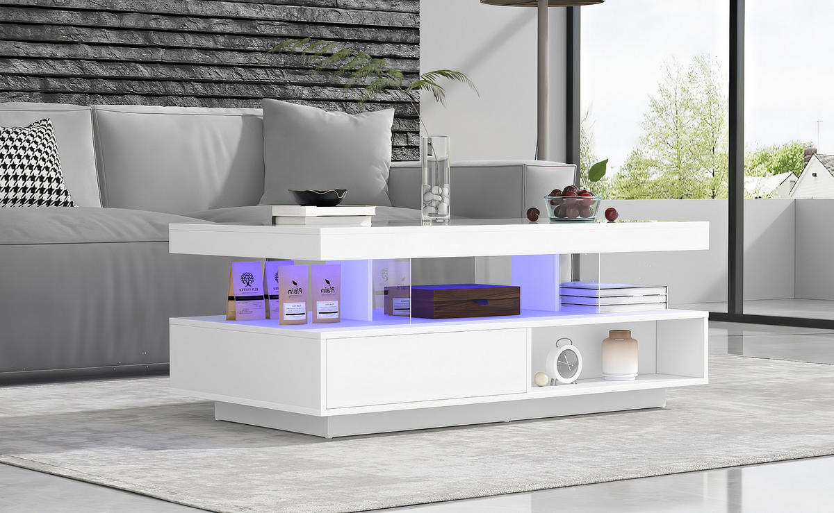COUCHTISCH 95/50/42,5 cm in Weiß Hochglanz mit LED-Beleuchtung und 2 Schubladen - Weiß, Holzwerkstoff (90/50/42.5cm) - Flora Grace