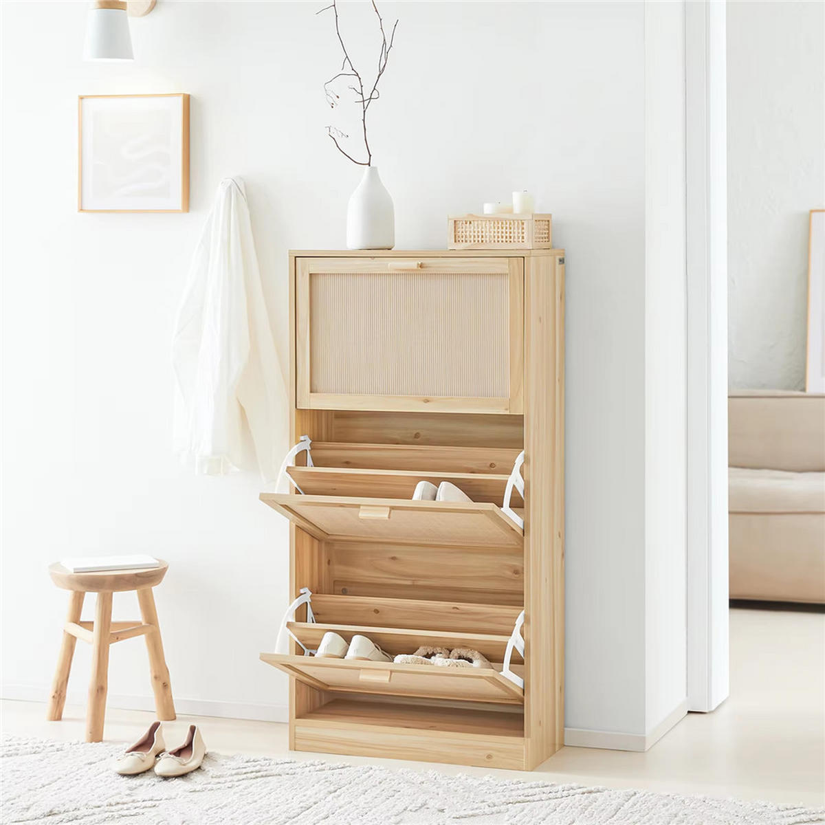 SCHUHKIPPER 3 Klappen Schmal , 6 Ablagen Natur - Naturfarben, Holz (60/118/24cm) - Kaket