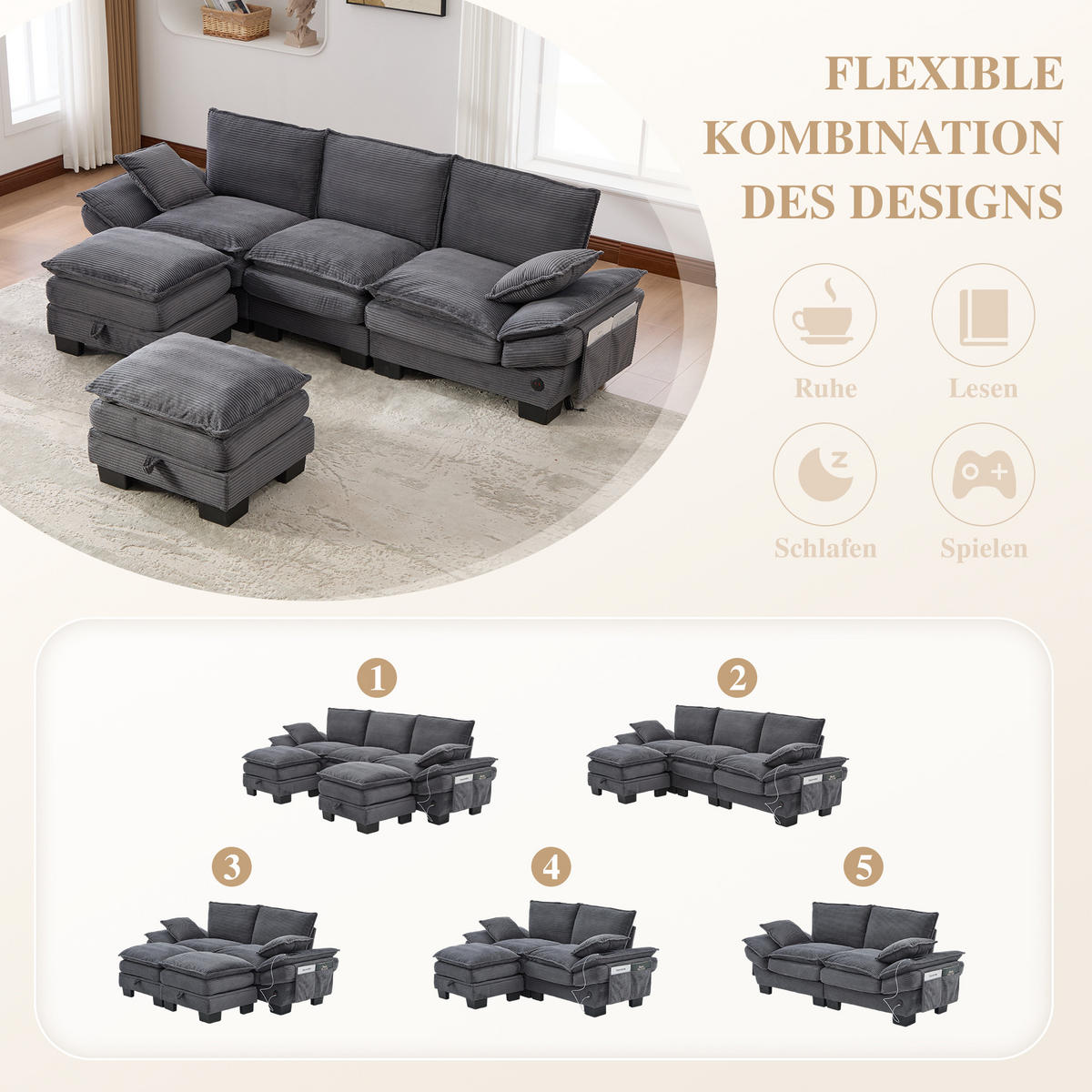 WOHNLANDSCHAFT Cord Dunkelgrau mit USB-C und 2 Hockern - Dunkelgrau, Holzwerkstoff/Kunststoff (260/84/132cm) - WISHDOR
