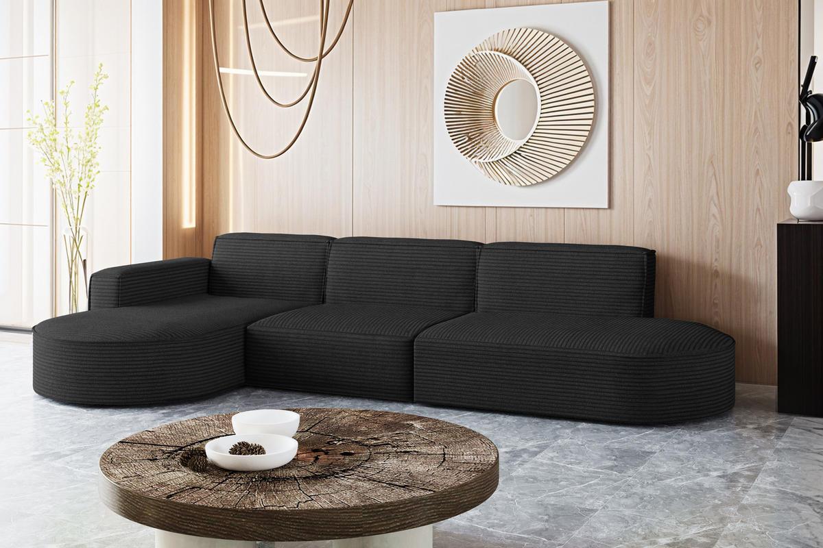 ECKSOFA Designer, Sofa L form MODENA 302 cm stoff Poso Schwarz Links - Schwarz, Holz (302/296cm) - Kaiser Möbel