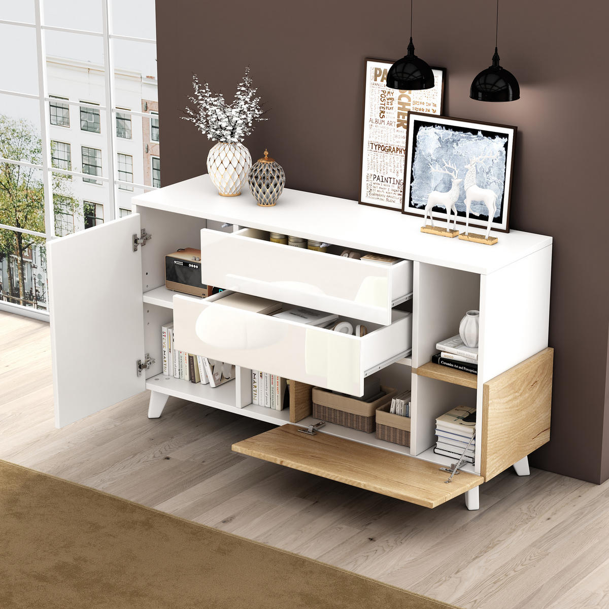 SIDEBOARD Weiß Holz Hochglanz Modern Stauraum Esszimmer - Multicolor, Holzwerkstoff (40/70/130cm) - FLIEKS