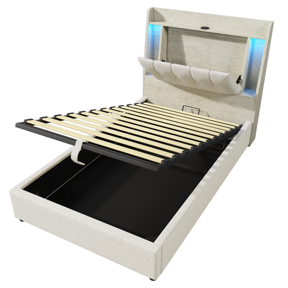 POLSTERBETT 90/200 cm Beige mit USB- und Type-C-Anschlüssen und LED-Beleuchtung - Beige, Textil (90/200cm) - OKWISH