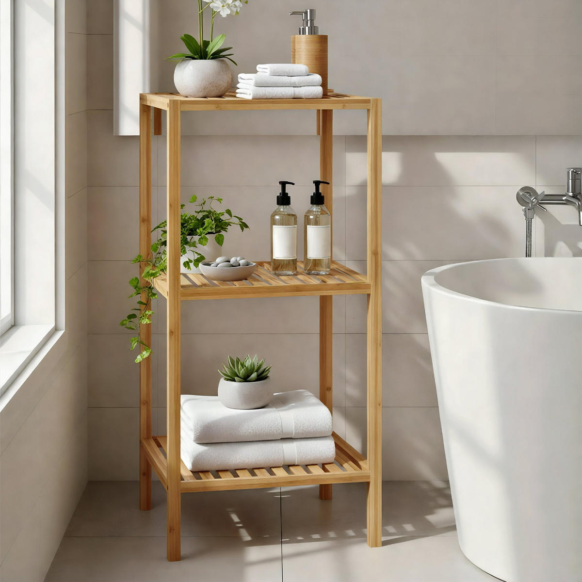 BADREGAL Neuss S 36x36x79cm Holz Natura Badezimmer-Aufbewahrungsregal - Naturfarben, Holz (36/79/36cm) - DELUKE