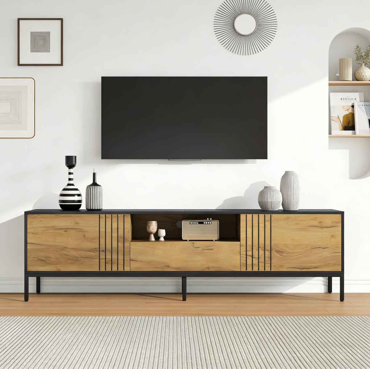 LOWBOARD in Naturfarben mit 2 Schränken & Schublade , für TVs bis 70 Zoll, B170/T35/H50cm - Schwarz/Naturfarben, Holzwerkstoff/Metall (170/50/35cm) - STILVORA