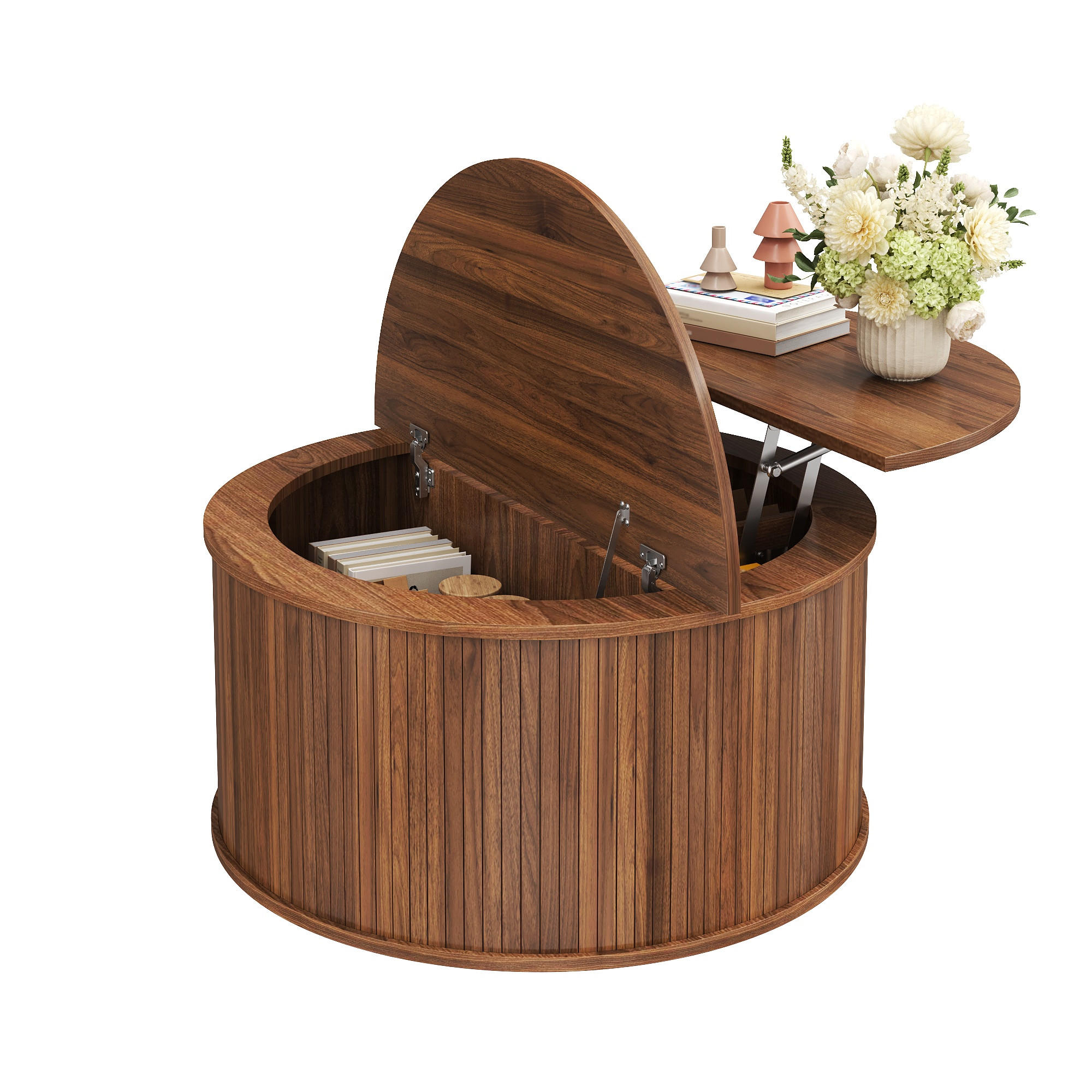 COUCHTISCH rund, MDF, höhenverstellbar mit Stauraum - Walnussfarben, Holzwerkstoff (88/88/53.5cm) - FLIEKS