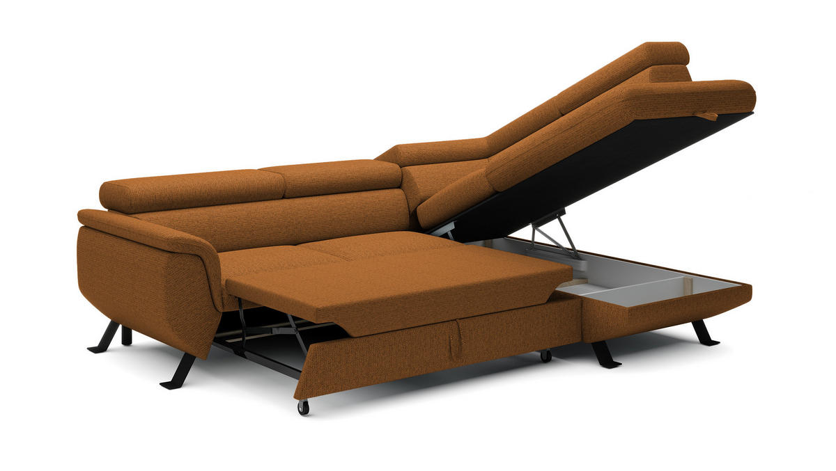 ECKSOFA Raven L mit Schlaffunktion und Bettkasten, Freistehend, Polstersofa mit Verstellbaren Kopfstützen, 257x198x96 cm – Rechte, Braun - Braun, Holz/Textil (256/198cm) - DomoHome