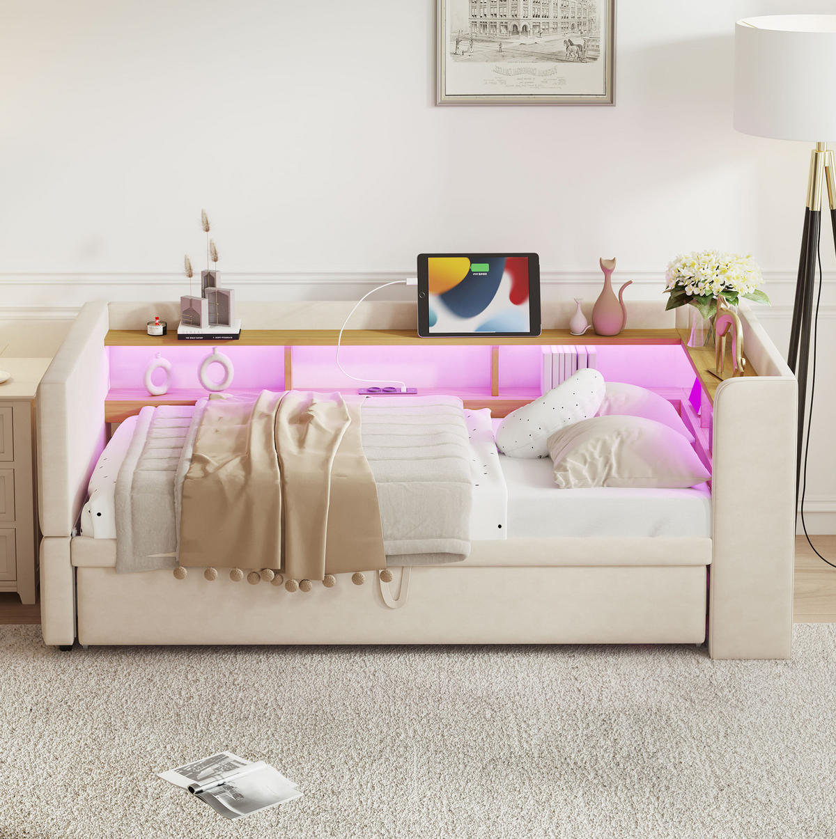 POLSTERBETT 90/180 x 190 cm aus Flanell mit LED-Beleuchtung und Steckdosen Beige - Beige, Textil (90/190cm) - Modenvie