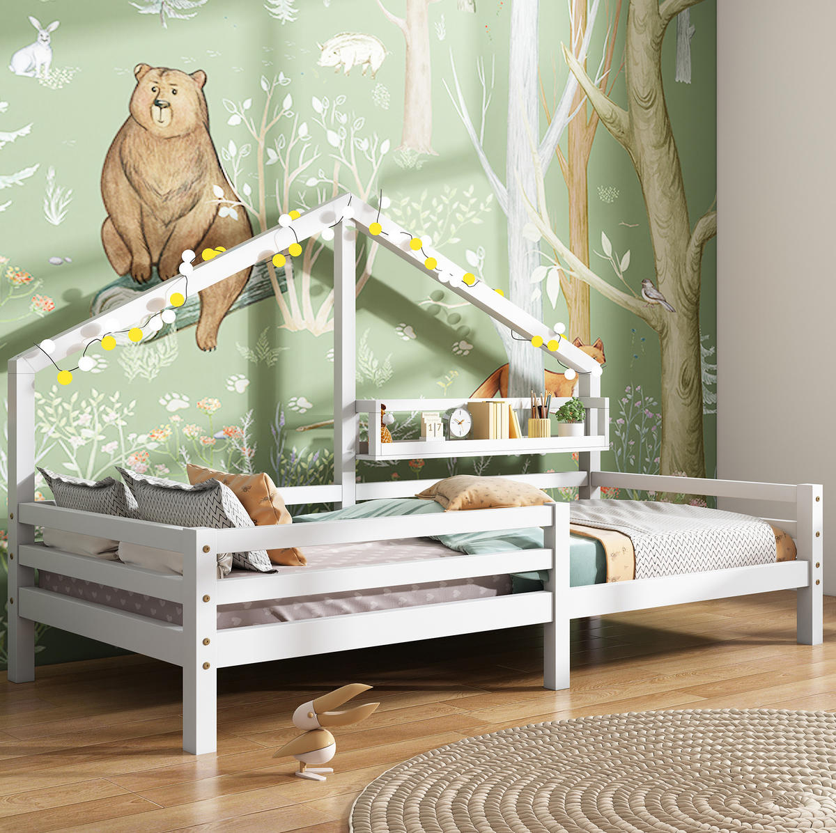 POSTELJA v obliki hiše 90/200 cm bela z zaščitno ograjo in zadnjo polico iz bora - bela, leseni material (90/200cm) - OKWISH