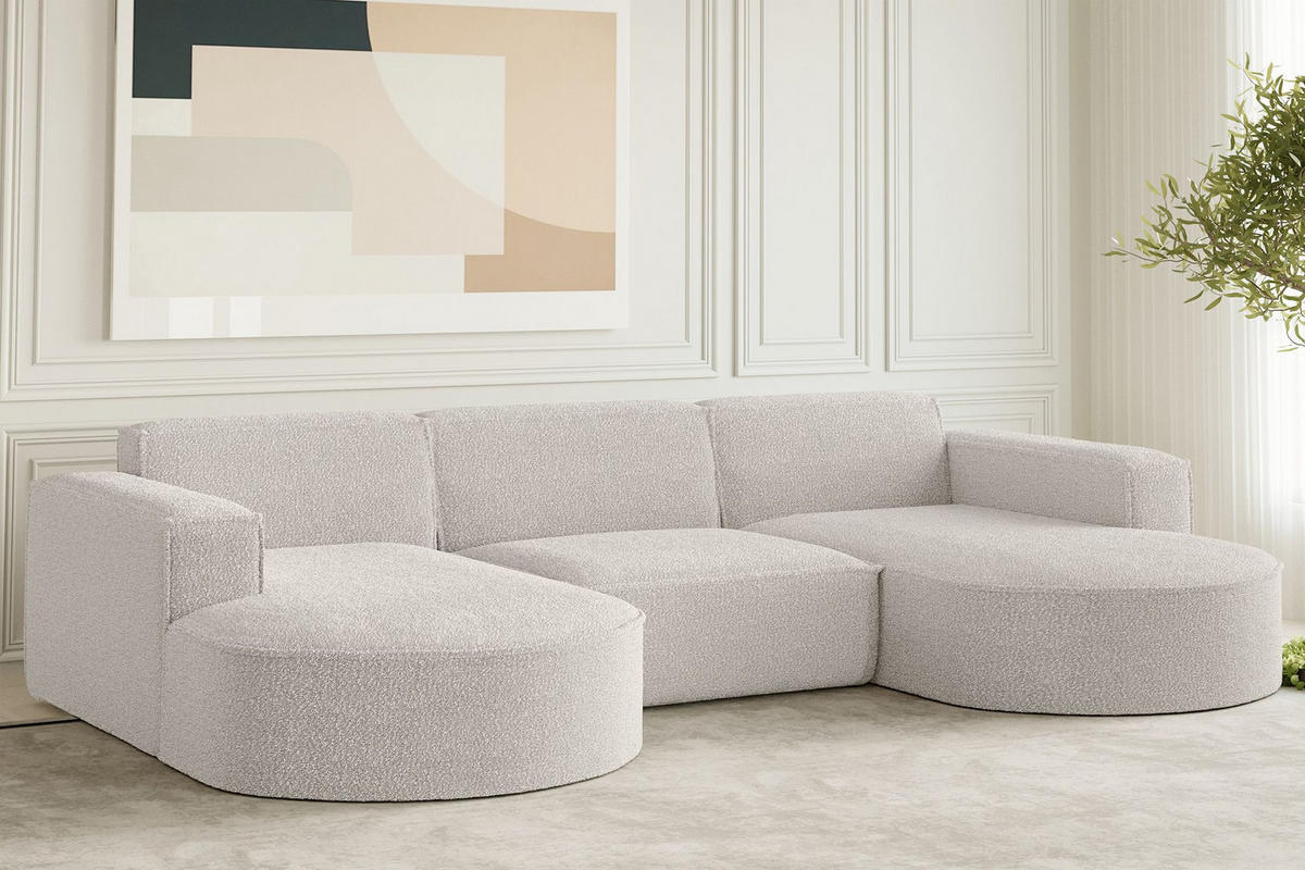 ECKSOFA Designer, Sofa U Form MODENA Stoff Loop Creme - Creme, Holz/Textil (299/165cm) - Kaiser Möbel