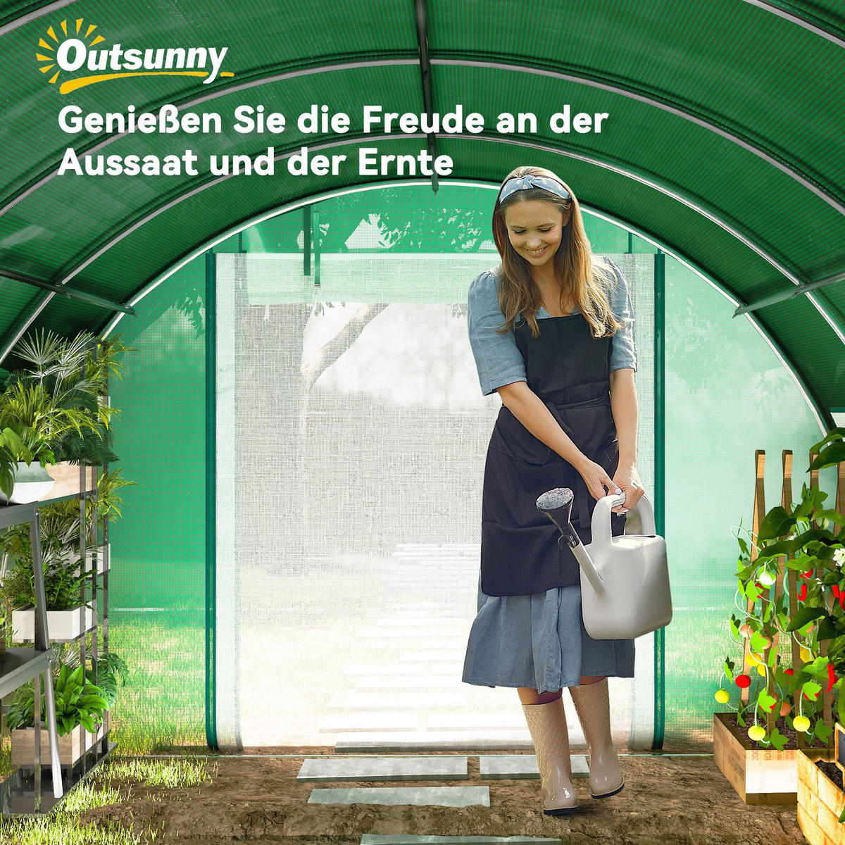 POLYTUNNEL-GEWÄCHSHAUS DE-05709 Mit Sonnenschutznetz & aufrollbaren Seitenwänden Grün - Grün, Kunststoff/Metall (300/198/400cm) - ComfortXL