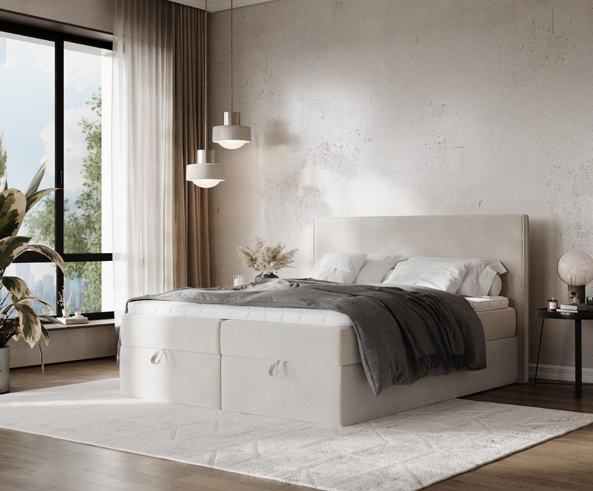 BOXBETT Velma 180/200 cm Hellbeige im Paros Stoff - Beige/Schwarz, Holz/Holzwerkstoff (180/200cm) - AltaBeds