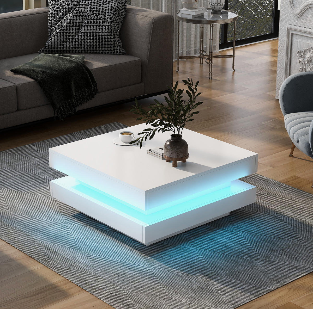 COUCHTISCH mit drehbarer Tischplatte 70x70 cm Hochglanz Weiß mit LED - Weiß, Holzwerkstoff (70/70/36cm) - Meubliv