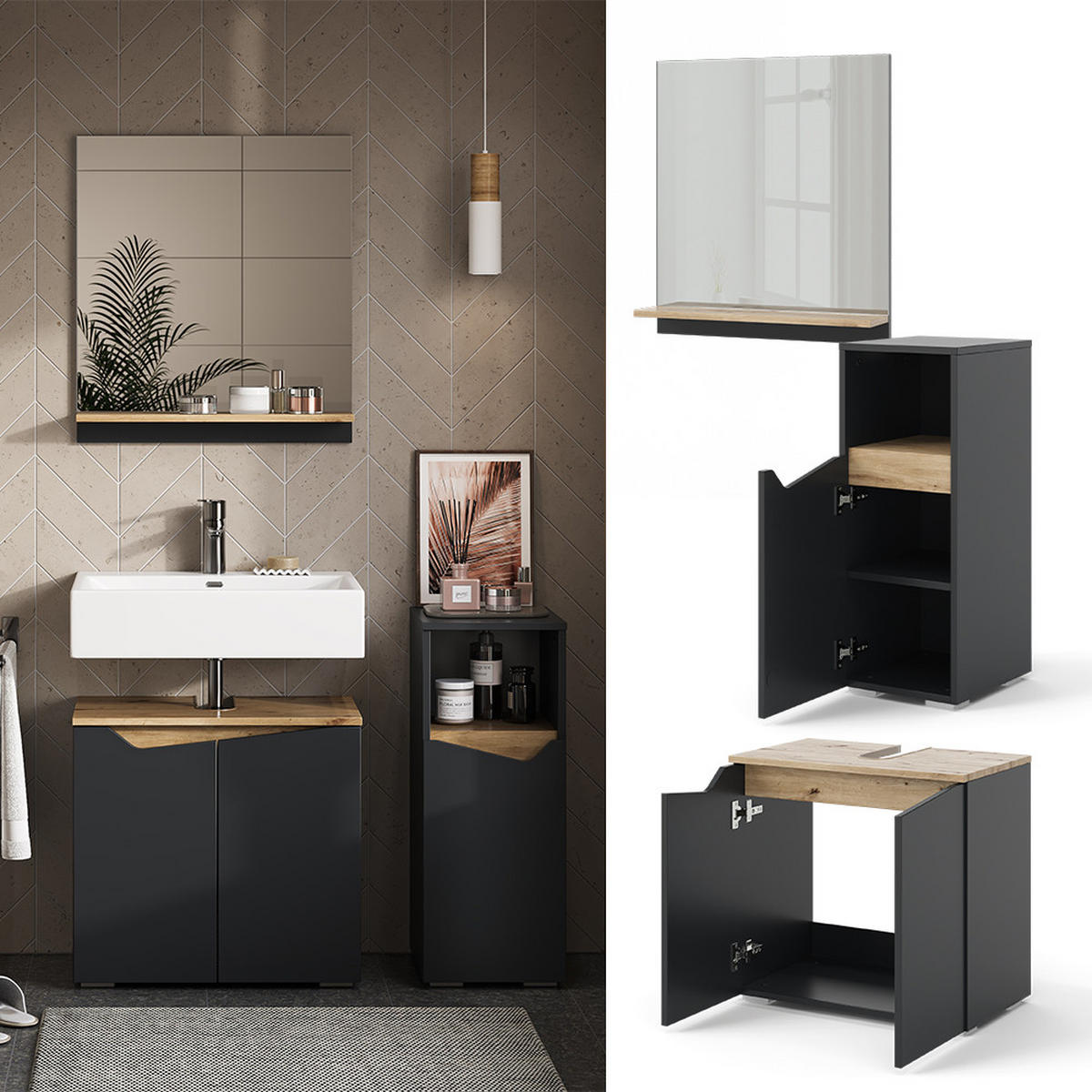 BADMÖBEL-KOMBINATION Marelle Anthrazit 3 Teile, mit Midischrank - Anthrazit, Holzwerkstoff (60/57/35cm) - Vicco