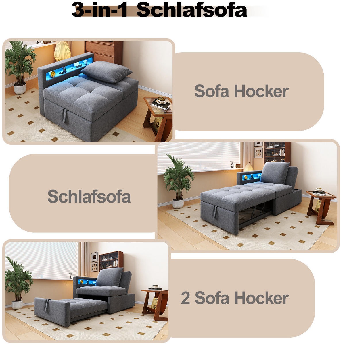 SCHLAFSOFA 3-in-1 Leinenstoff mit USB-Anschluss und LED Hellgrau 177/68/65 cm - Hellgrau, Textil (68/65/177cm) - Redom