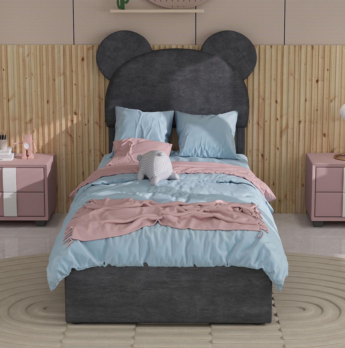KINDERBETT 90/200 cm mit Cartoon-Kopfteil, Bettkasten mit Gaslift und Stoffbezug, Grau - Grau, Textil (90/200cm) - Redom
