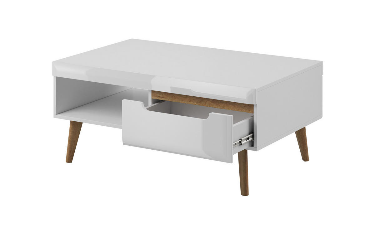 COUCHTISCH Nodis Weißer Glanz, Kaffeetisch mit Schubladen - Braun/Weiß, Holzwerkstoff (67/107/46cm) - Bettso