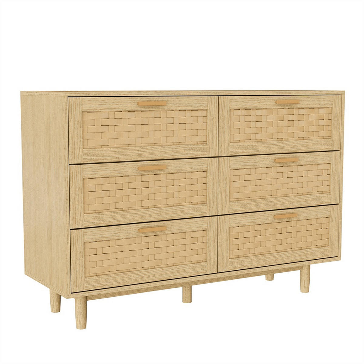 KOMMODE mit 6 Schubladen - natürliche Geflecht-Optik und runde Holzbeine - Eiche-Optik - Eichefarben, Holzwerkstoff (115/80/40cm) - DELFA