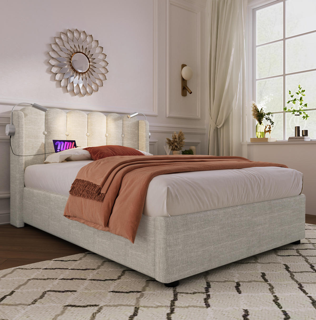 POLSTERBETT 90/200 cm in Natur mit Bettkasten, Leselicht und USB-Ladefunktion - Naturfarben, Textil (90/200cm) - Flora Grace