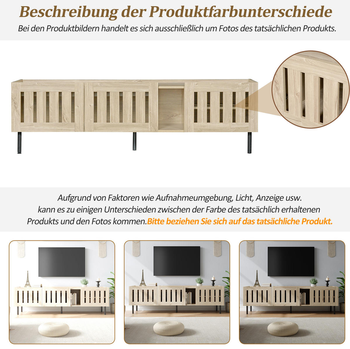 TV-LOWBOARD aus MDF 160x40x47 cm Natur mit Kabeldurchführung und Lamellentüren - Hellbraun, Holzwerkstoff (160/47/40cm) - Modfu