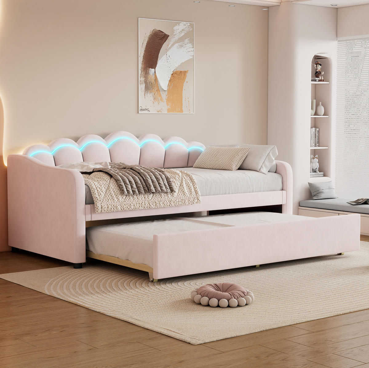 POLSTERBETT aus Samt 90x200 cm in Rosa mit LED-Beleuchtung & Rollbett - Rosa, Textil (90/200cm) - Modfu