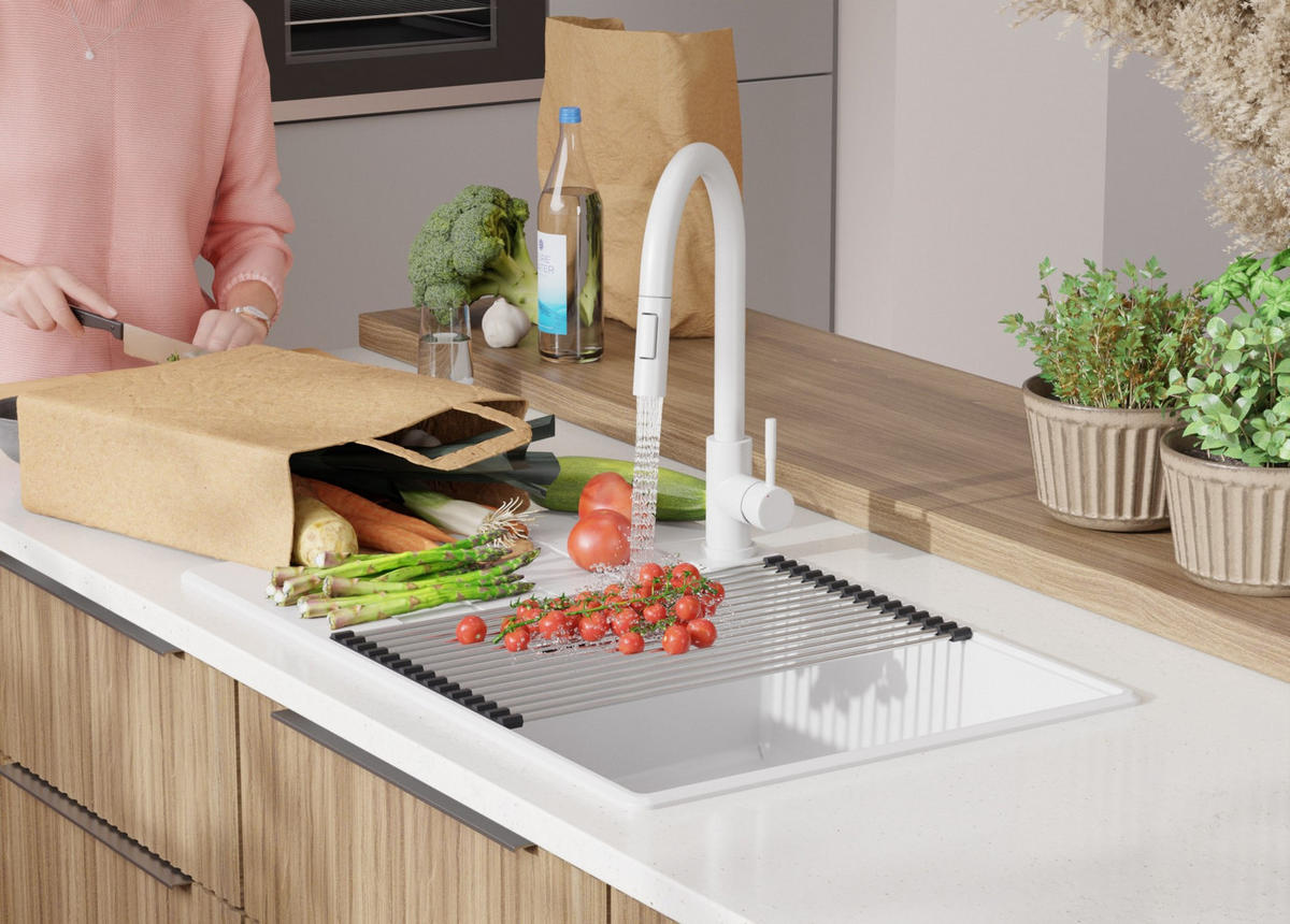 SPÜLBECKEN Kopenhagen, 2-er set Alles Weiß 78/50 cm 1 Becken + Ablauf-Set + Schneidebrett ab 60er Unterschrank - Beige/Weiß, Kunststoff (78/20/50cm) - Primagran