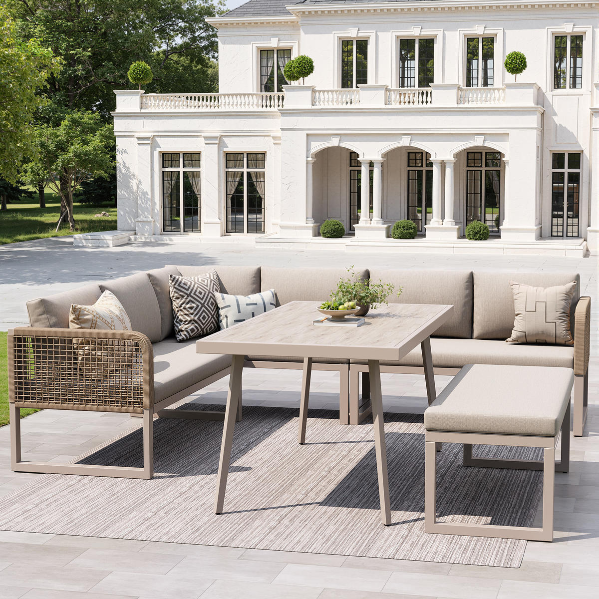 GARTENMÖBELSET für 6-8 Personen mit Sitzkissen & Rückenkisse in Beige - Beige, Metall