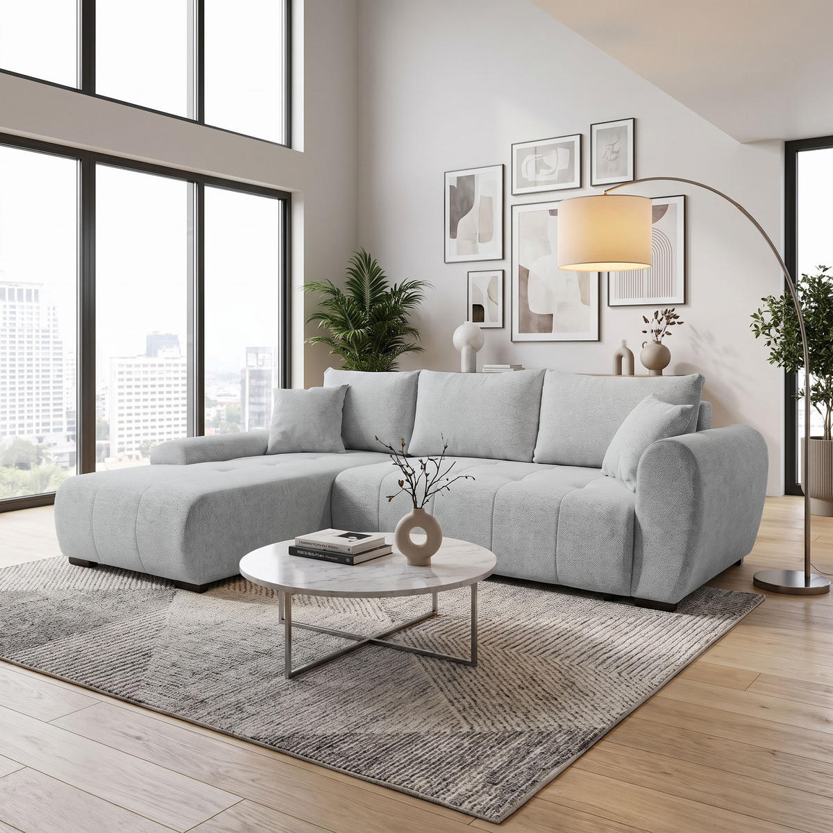 ECKSCHLAFSOFA Dallas mit Bettkasten, 255 cm, Hellgrau, links, Velour-Stoff - Hellgrau, Textil (255/175cm) - Beautysofa