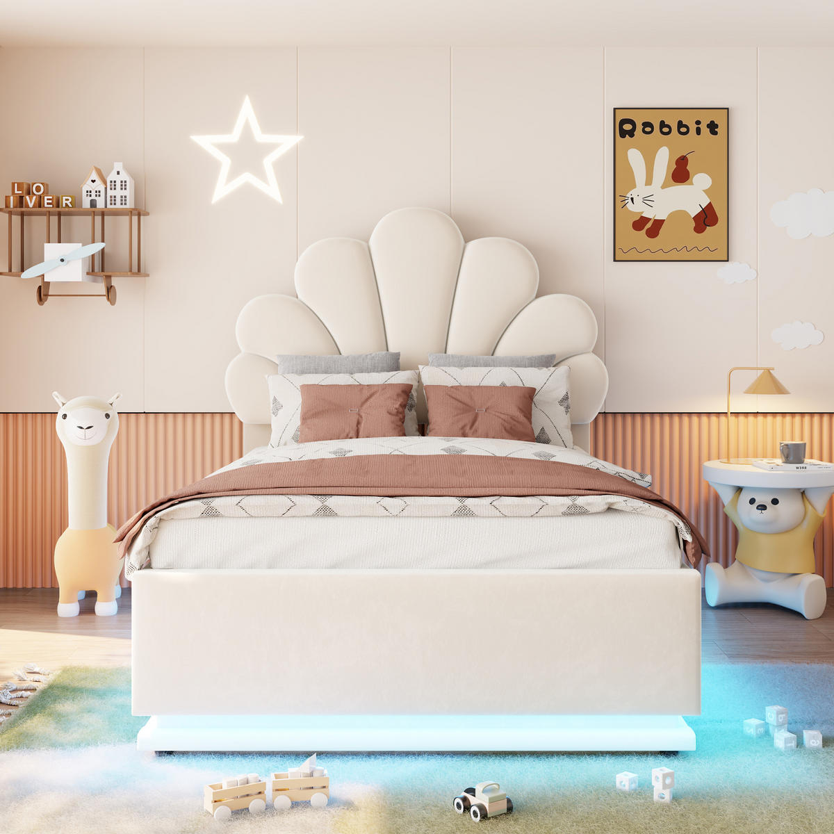STAURAUMBETT 90/200 cm mit Blüten-Kopfteil und LED, DE-41667, in Beige - Beige, Metall (90/200cm) - ComfortXL