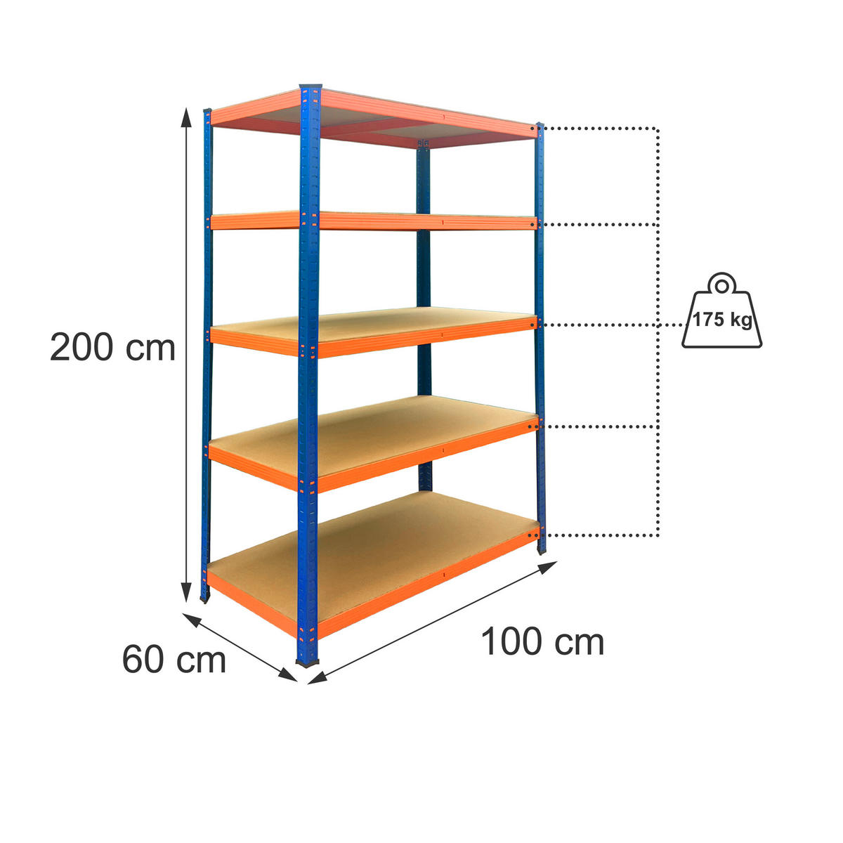 SCHWERLASTREGAL Blau Orange 5 Ebenen Metall - Multicolor, Holzwerkstoff/Kunststoff (100/200/60cm) - Relaxdays