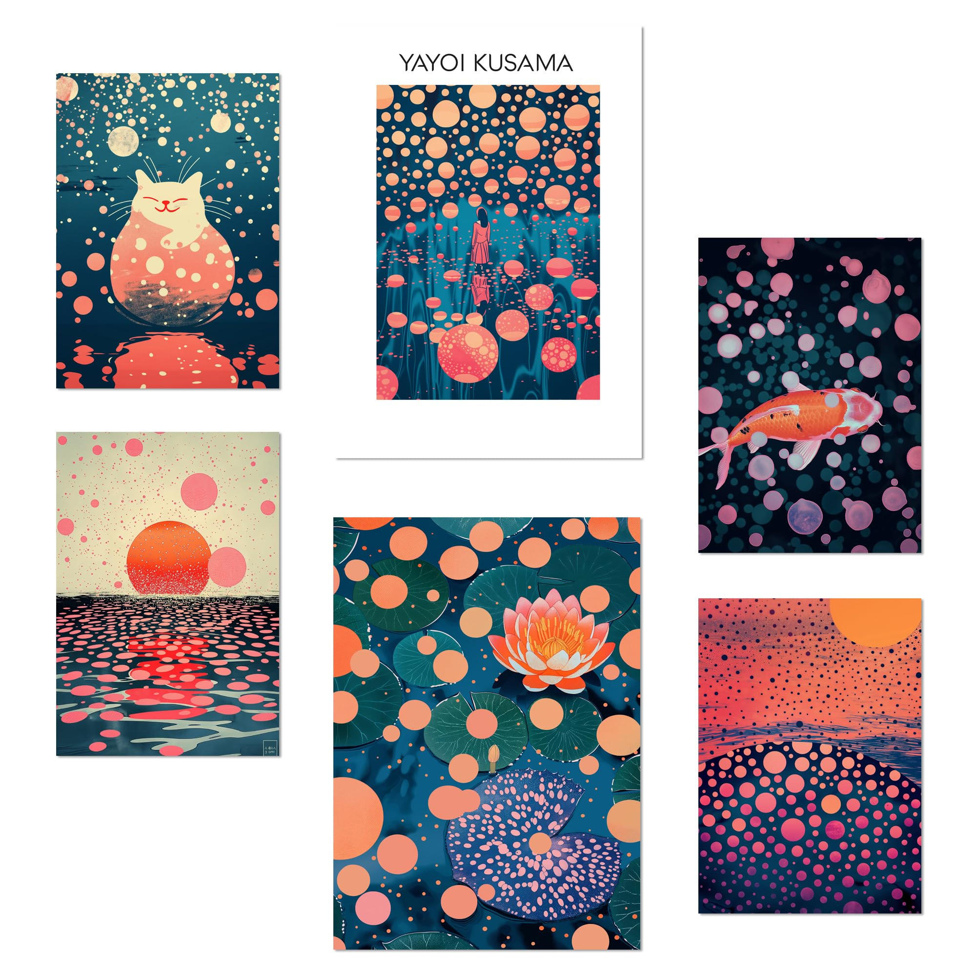 POSTER Set Mit 6 Yayoi Kusama Sonnenuntergang Wasser Blau Orange Rot Lila Farben Janapise Mit Designillustrationen Zur Der Zuhauses A3 & A4 Rahmenlos - Klar, Papier (29/3cm) - Nacnic