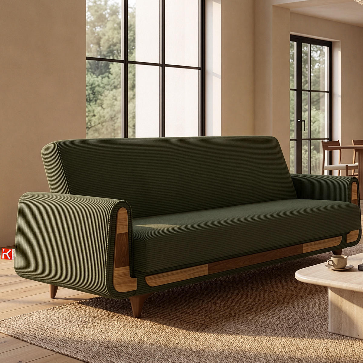 3-SITZER-SCHLAFSOFA GUSTAVO II mit Armlehnen, Olive - Olivgrün, Holz/Holzwerkstoff (230/98/98cm) - KONSIMO®