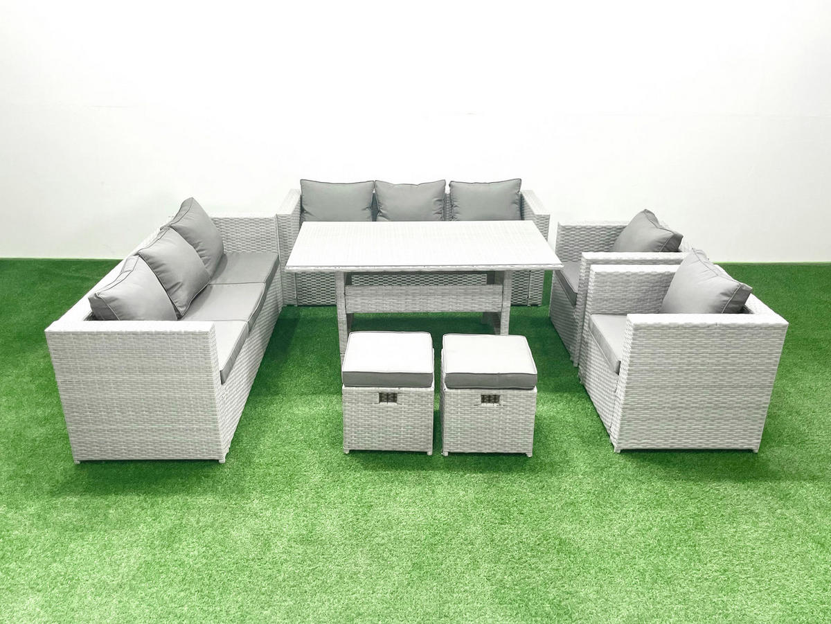 GARTENMÖBEL SET mit 3-Sitzer-Sofa und 2 Stühle, Esstisch,2 Hockern Polyrattan Hellgrau 10-Sitzer - Hellgrau/Grau, Glas/Kunststoff - Fimous