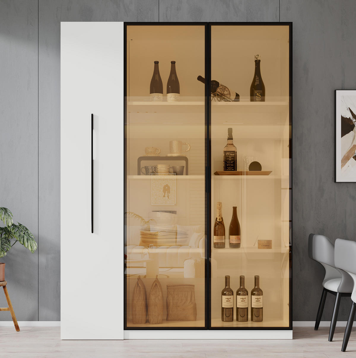 VITRÍNA z MDF 110,5x35x160 cm bílá s LED osvětlením, bočním výsuvem a tónovaným sklem - bílá, kompozitní dřevo (110.5/160/35cm) - Modfu