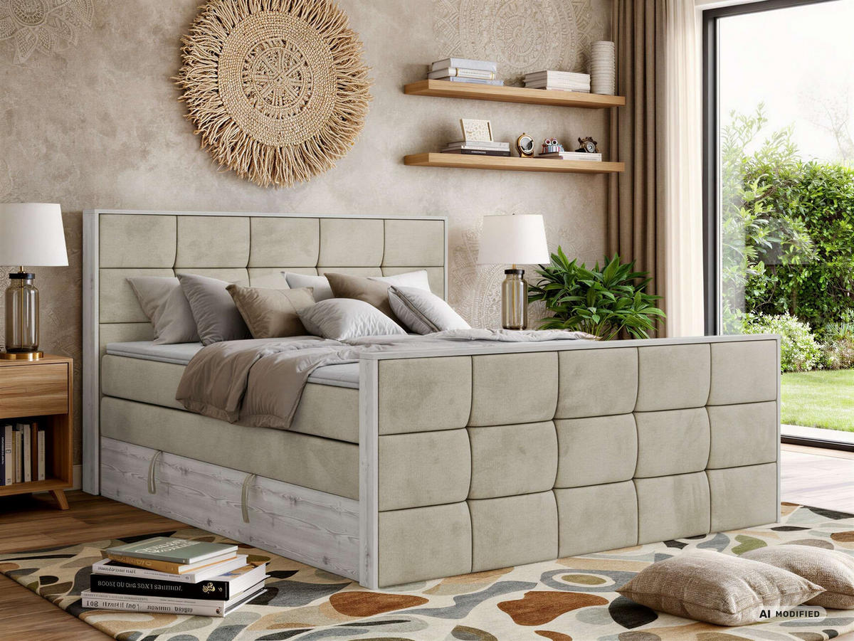 BOXSPRINGBETT ALNOR KING DUO 180/200 - Beige Velvet - Topper Visco - H4 - Beige/Schwarz, Kunststoff/Textil (180/200cm) - MKS