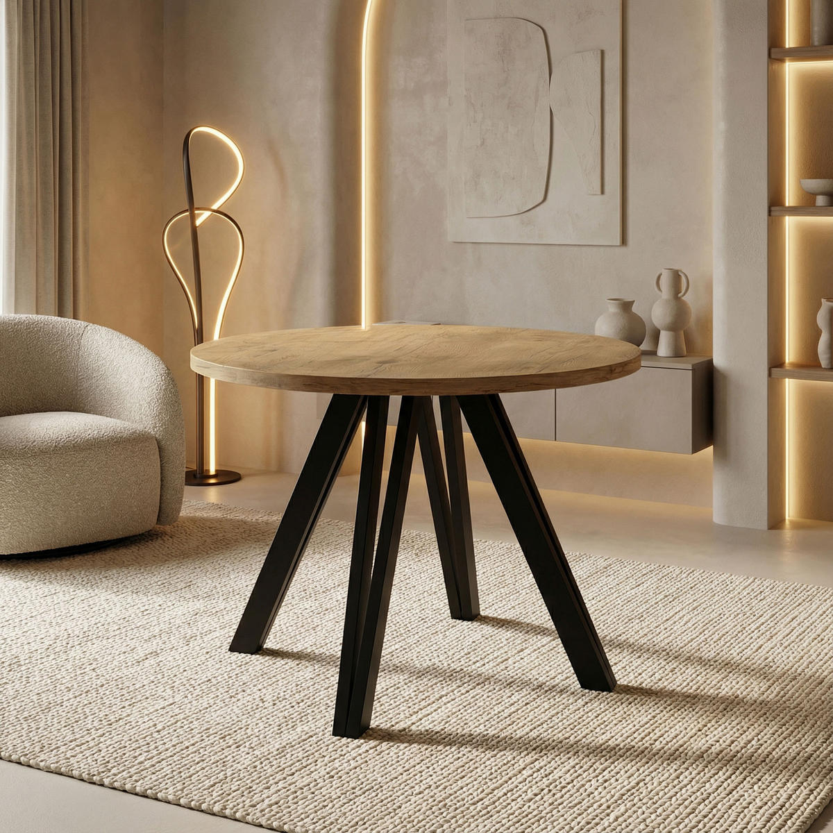 ESSTISCH Ravero runder ausziehbarer, Eiche Hell Braun 100/100/77 cm - Eichefarben/Schwarz, Holz/Holzwerkstoff (100/100/76.5cm) - WFL GROUP