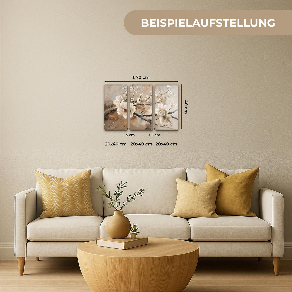 LEINWANDBILD 3er Set Blüte - Beige - Abstrakt - Blumen 60x40 cm - Hellbraun, Textil (60/40cm) - MuchoWow