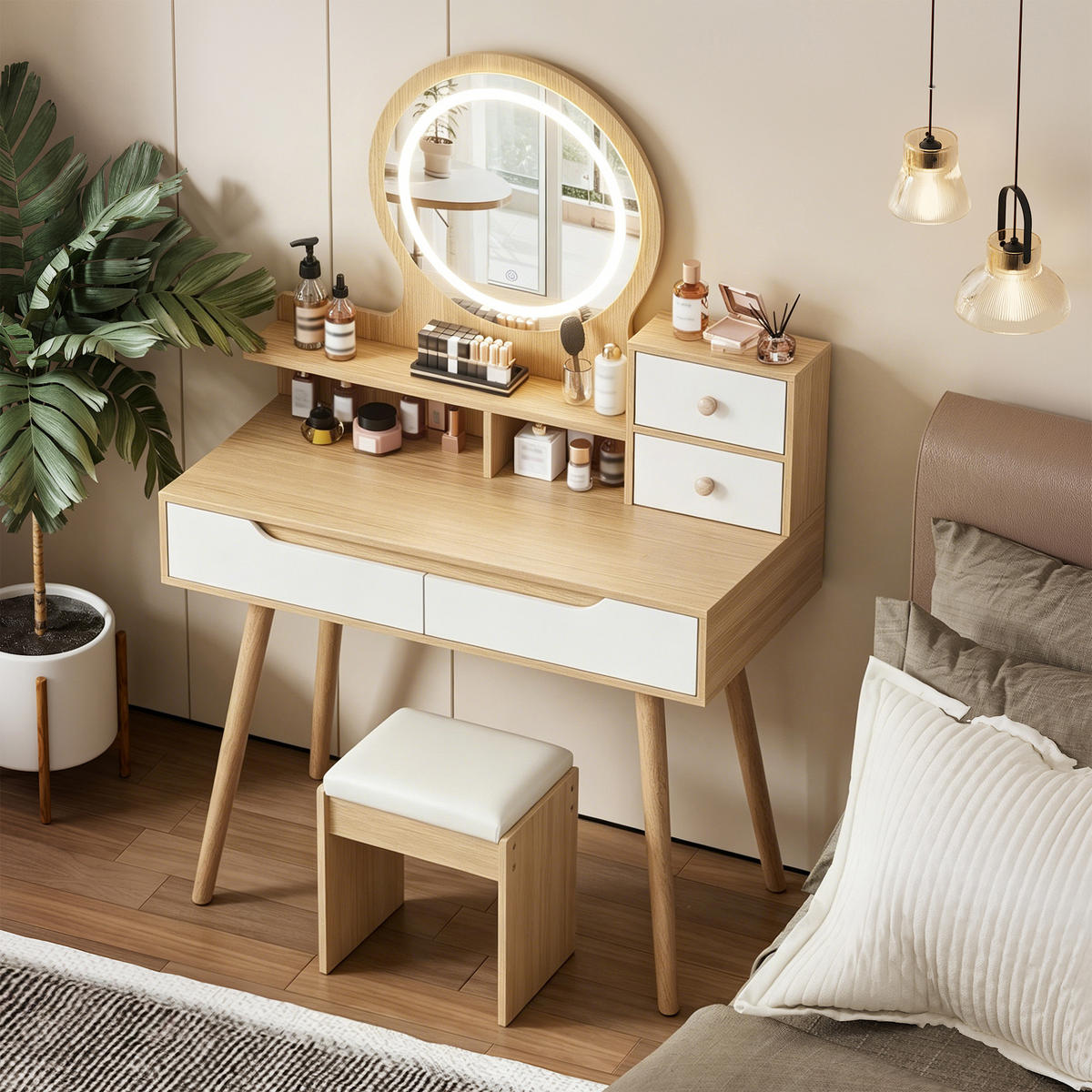 SCHMINKTISCH in Naturfarben Kosmetiktisch mit Polsterhocker, Spiegel und LED, für kleine Schlafzimmer, B80/H135/T40cm - Naturfarben, Holzwerkstoff (80/135/40cm) - STILVORA