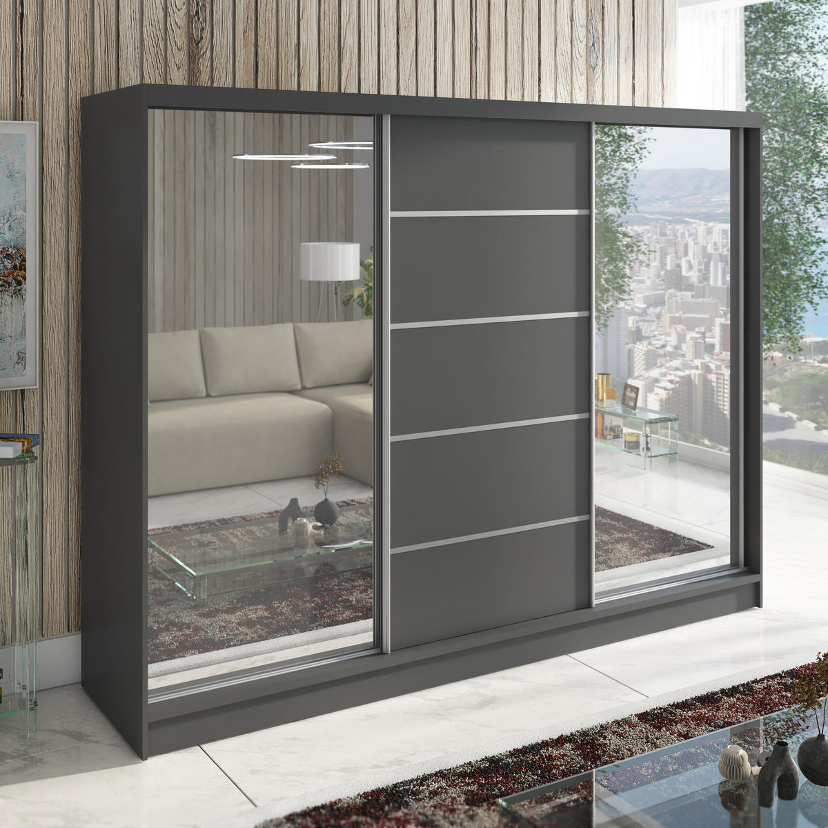 SCHWEBETÜRENSCHRANK 200 CM TOP Farbe: Graphit - Graphitfarben, Holzwerkstoff (200/215/60cm) - A&J MöbelLand