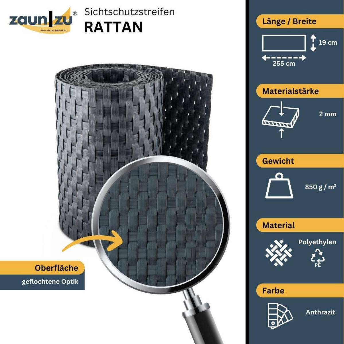 SICHTSCHUTZSTREIFEN Rattan Einzelstreifen für Doppelstabmatten Anthrazit 2,55m - Anthrazit, Kunststoff (255/19cm) - ZAUN|ZU