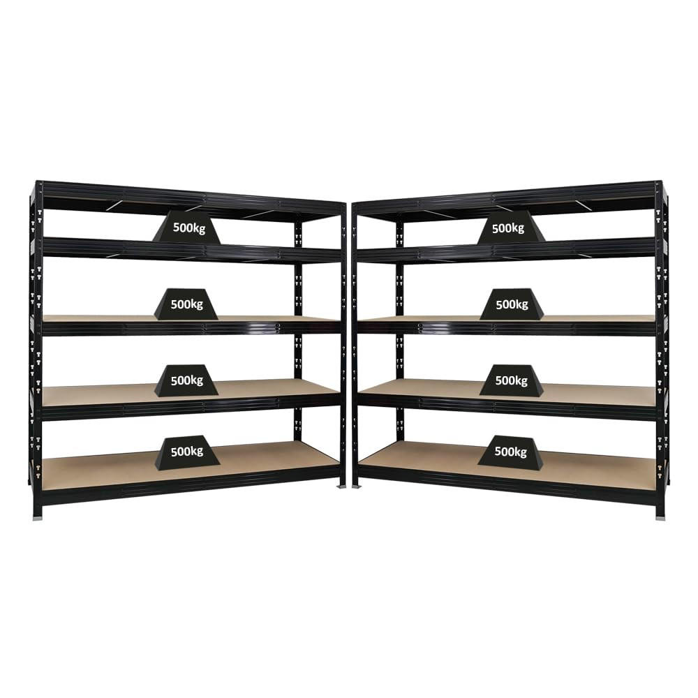 SCHWERLASTREGAL Rhino 2er-Set mit 2x 180x200x60 cm 5 Spanplatten-Ebenen 8mm Fachlast 500 kg Schwarz - Schwarz, Metall (400/180/60cm) - PROREGAL