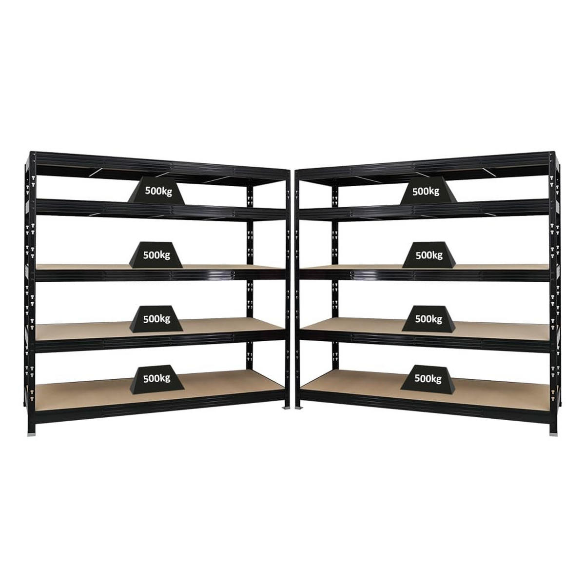 SCHWERLASTREGAL Rhino 2er-Set mit 2x 180x200x60 cm 5 Spanplatten-Ebenen 8mm Fachlast 500 kg Schwarz - Schwarz, Metall (400/180/60cm) - PROREGAL