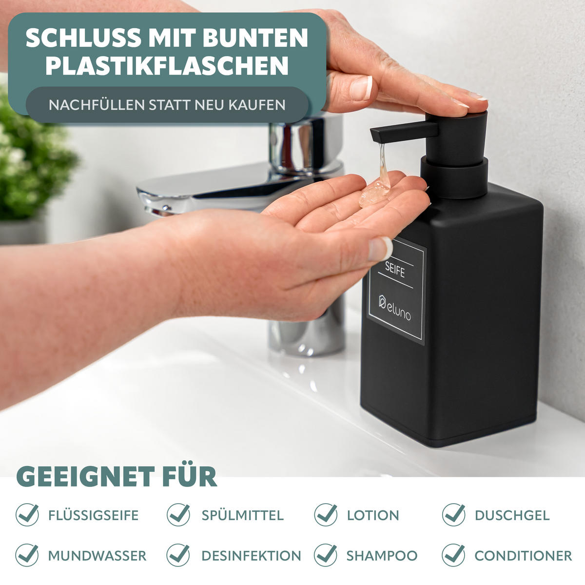 SEIFENSPENDER 2er Set, matt schwarz, Kunststoff - Schwarz, Kunststoff (7/17/8cm) - eluno